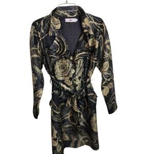 4174) Rossi Roma Black & Gold Button Down Collar Belted Crinkle  Dress Large